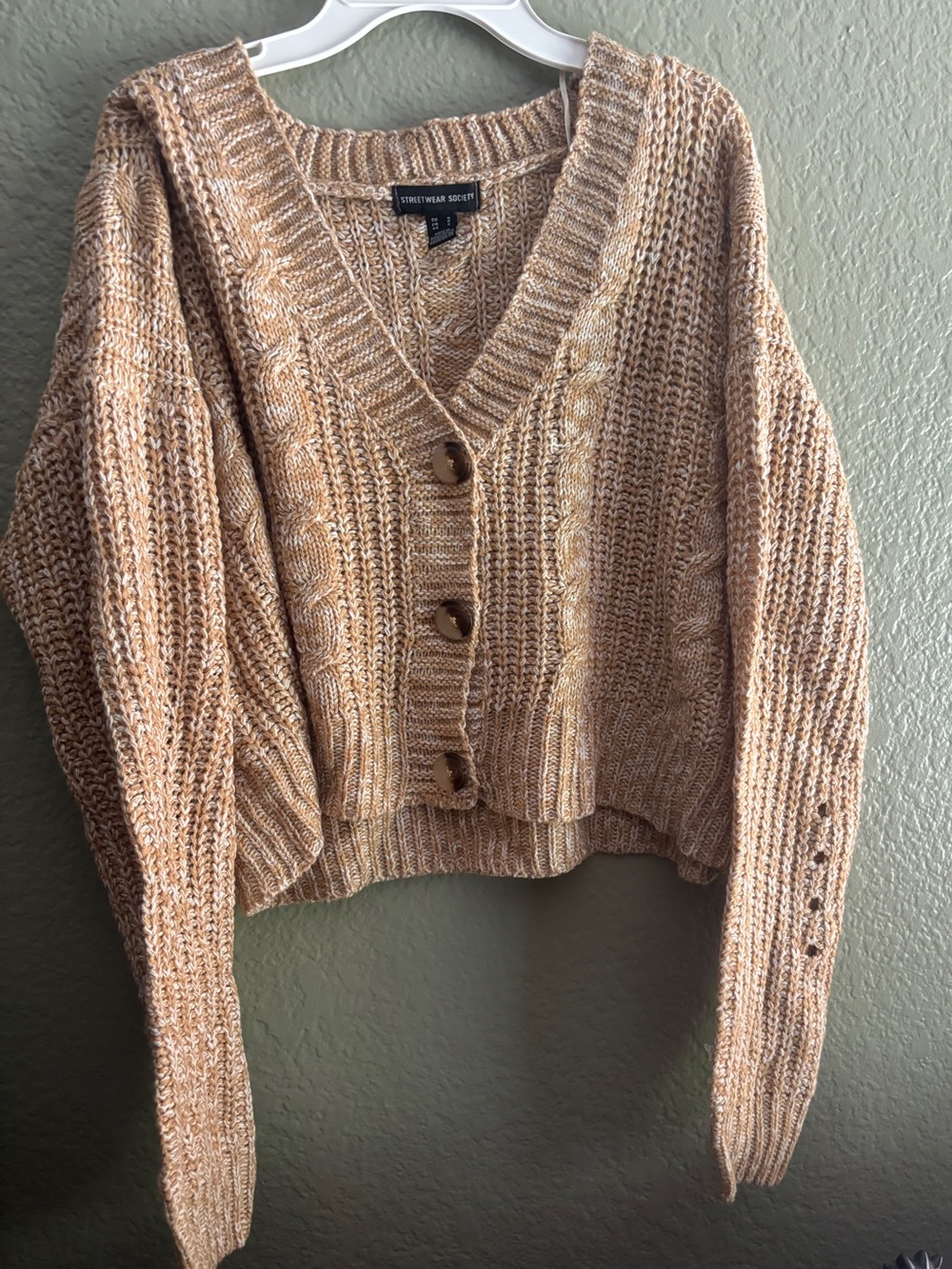Streetwear Society Cropped Cable Knit Cardigan - Tan & Cream